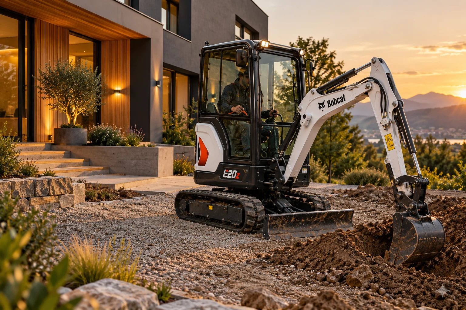 Bobcat E20z bei Erdarbeiten vor einem modernen Wohnhaus &ndash; KI-generiertes Symbolbild